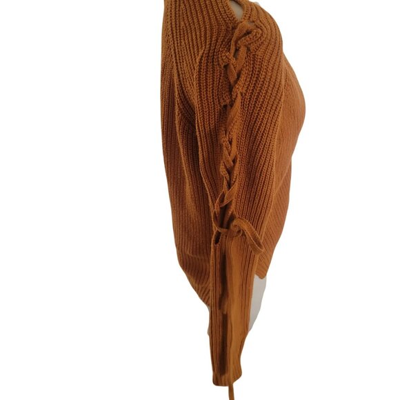 Guess Womens S Mustard Knit Sweater With Lace-Up Sleeves V-Neck Stylish Fall War - Picture 2 of 6